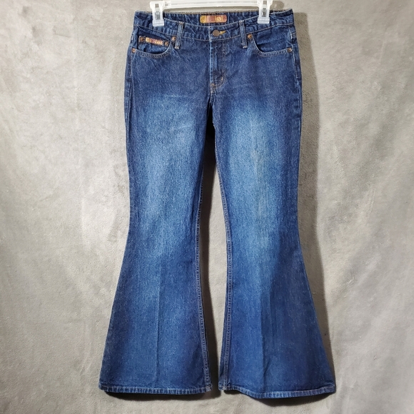 l.e.i. 90s 100% Cotton Big Flare Lowrise Denim Blue Jeans Size 7 - Picture 2 of 12